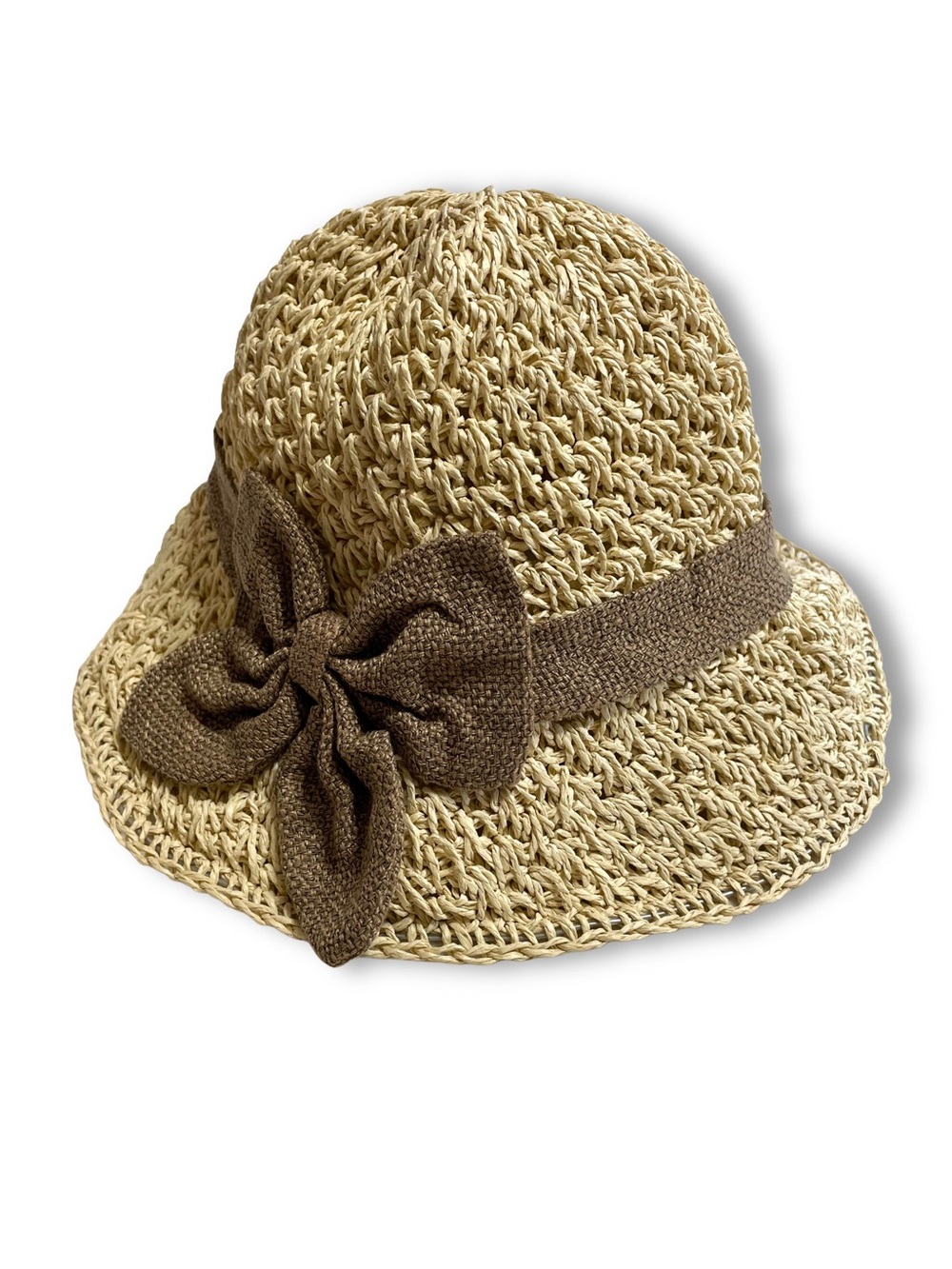Cream Woven Straw Sun Hat Brown Bow Packable Bucket Beach Summer Cap Cottagecore
